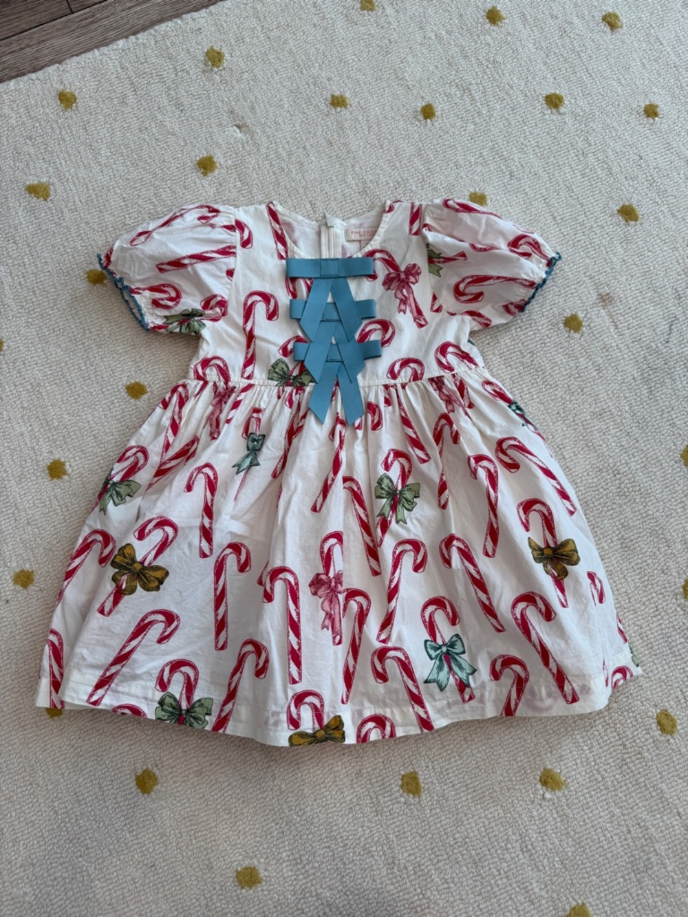 Pink Chicken White Holiday Candy Cane Dress with Blue Ribbon
